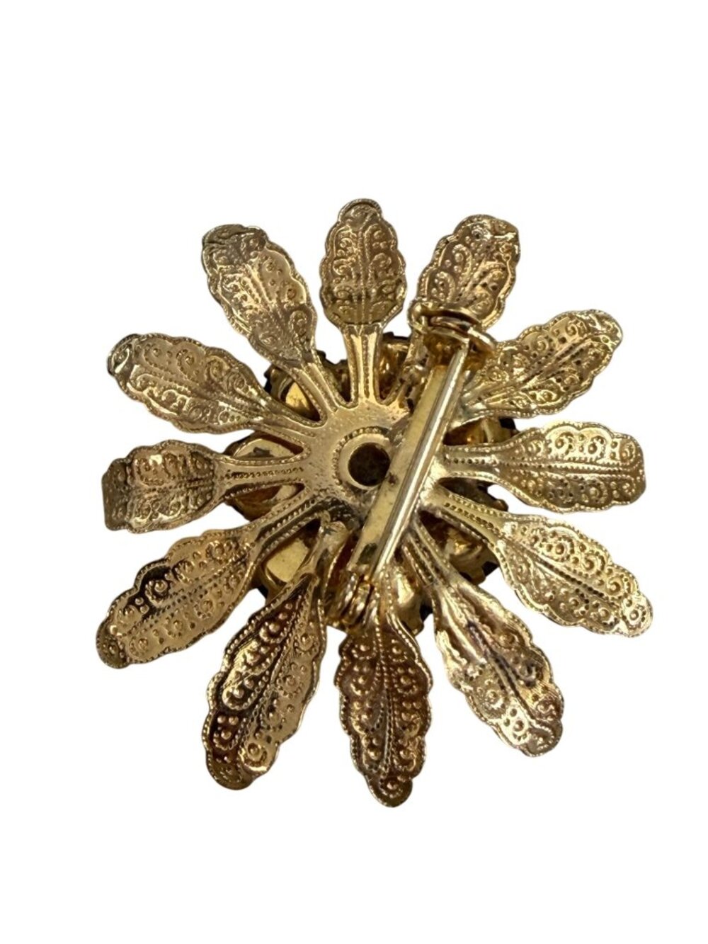 Vintage Bright Gold-Tone Floral Brooch Red Rhinestone Accents Ornate 2" - Picture 2 of 6